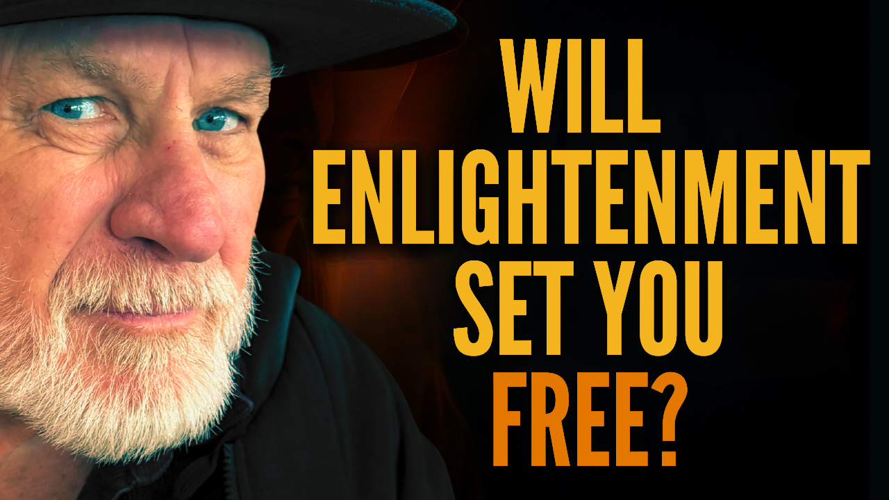 YouTube thumbnail with bold yellow text reading ‘Will Enlightenment Set You Free?’ next to a close-up portrait of Vishrant with a white beard and hat, against a dark background.