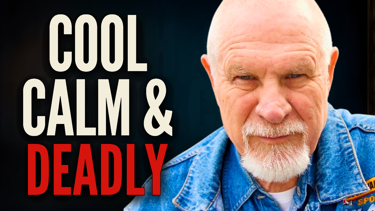 YouTube thumbnail with bold text reading ‘Cool Calm & Deadly’ in white and red, next to a portrait of Vishrant with a white beard wearing a denim jacket, looking serious.