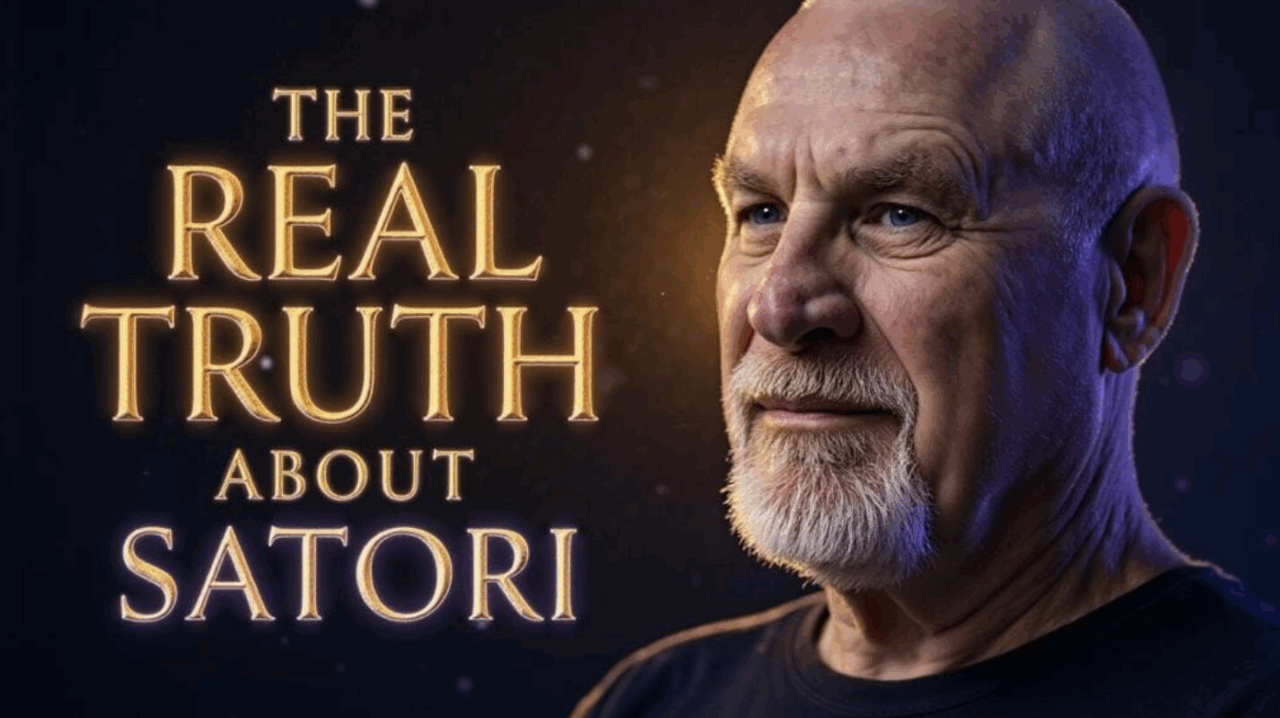 Bold YouTube thumbnail with golden glowing text ‘The Real Truth About Satori’ beside spiritual teacher Vishrant’s intense portrait, highlighting enlightenment, awakening, and spiritual truth.