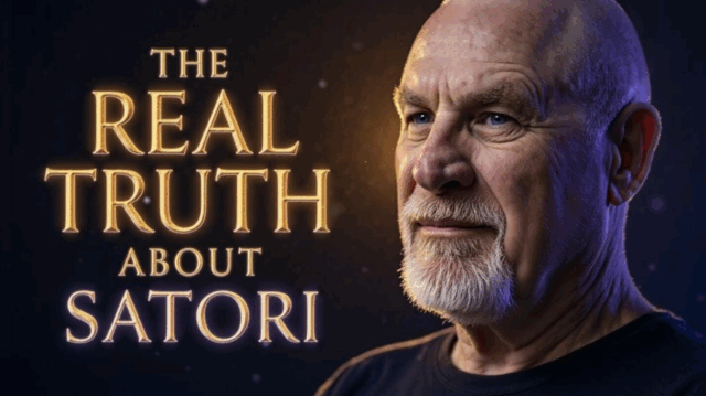 Bold YouTube thumbnail with golden glowing text ‘The Real Truth About Satori’ beside spiritual teacher Vishrant’s intense portrait, highlighting enlightenment, awakening, and spiritual truth.