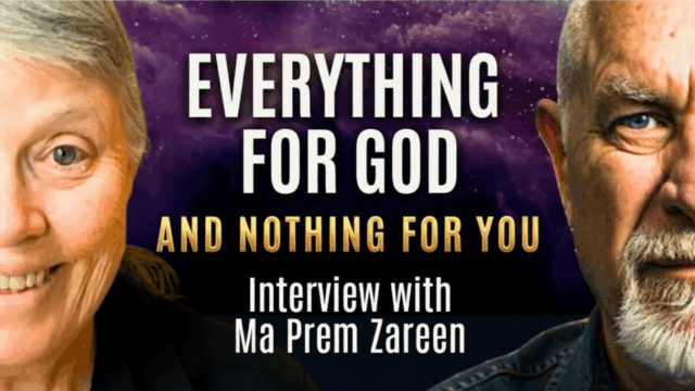 Thumbnail for a spiritual interview titled Everything for God and Nothing for You — Interview with Ma Prem Zareen. The design features two close-up portraits of an elderly woman smiling on the left and an older man with a contemplative expression on the right, against a dark purple cosmic background with gold and white bold text. The image represents themes of surrender, ego dissolution, and devotion to God.