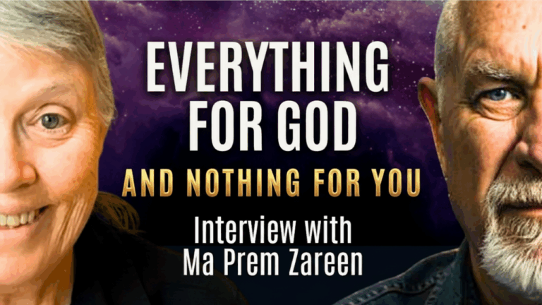 Thumbnail for a spiritual interview titled Everything for God and Nothing for You — Interview with Ma Prem Zareen. The design features two close-up portraits of an elderly woman smiling on the left and an older man with a contemplative expression on the right, against a dark purple cosmic background with gold and white bold text. The image represents themes of surrender, ego dissolution, and devotion to God.