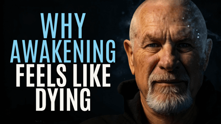 Close-up portrait of an older man with a calm, knowing expression, illuminated dramatically against a dark cosmic background. Large bold text on the left reads “WHY AWAKENING FEELS LIKE DYING” in white and light blue capital letters, creating a powerful, introspective contrast between wisdom and the depth of the message. The image evokes the intensity and surrender of spiritual transformation.