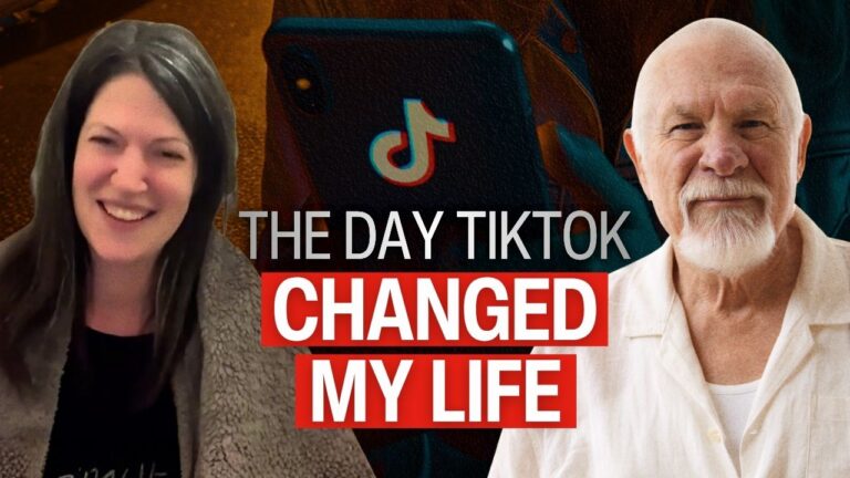 Thumbnail featuring two people smiling — a woman on the left and a bearded man on the right (Vishrant) — with the TikTok logo blurred in the background. Bold white and red text in the center reads “The Day TikTok Changed My Life.”