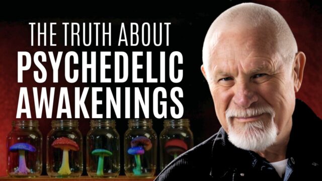Close-up portrait of an older bald man with a white goatee, smiling gently, set against a dark background with jars of colorful psychedelic mushrooms. Large text reads “The Truth About Psychedelic Awakenings.”