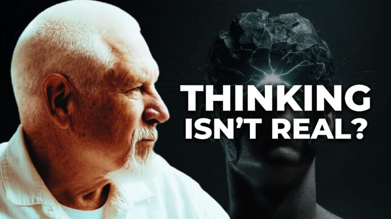 “Elderly spiritual teacher with a silver buzz cut gazes toward a dark human silhouette with a cracked, glowing head, symbolising the mind breaking open. Bold text reads ‘THINKING ISN’T REAL?’ against a dramatic black background.”