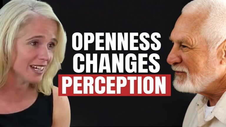YouTube thumbnail featuring Heather Hansen O’Neill speaking emotionally on the left and spiritual teacher Vishrant listening attentively on the right, facing each other against a dark background. Bold white text in the center reads ‘OPENNESS CHANGES’ with ‘PERCEPTION’ highlighted in white text on a red banner, conveying a deep, reflective spiritual conversation.