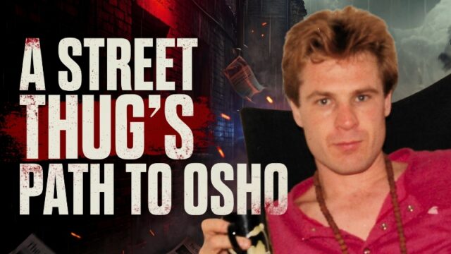 Young Vishrant wearing red clothing and holding a black object, set against a gritty urban background, beside bold text reading “A Street Thug’s Path to Osho,” symbolising his transformation from violence to spirituality.