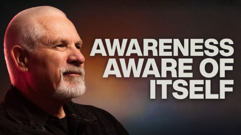 Vishrant speaking on nondual enlightenment with the words “Awareness Aware of Itself” displayed beside his portrait