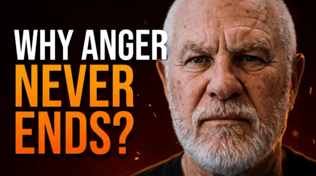 Vishrant spiritual teacher close-up portrait with white hair and beard against dark red ember background, bold text "Why Anger Never Ends?" — thumbnail for Satsang teaching on why anger keeps you trapped in suffering and how blame fuels it.